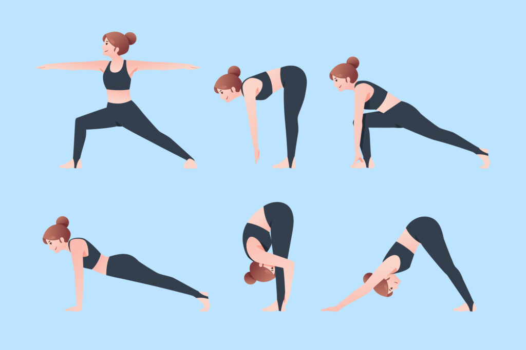 Woman performing yoga exercises for lower back pain relief, demonstrating poses like Knee-to-Chest Stretch, Cat-Cow Pose, Downward-Facing Dog, and more.